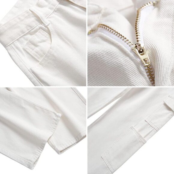 High Waisted Y2K Cargo Jeans - White Wide Leg Loose Fit Pants, Size Small - Picture 5 of 6